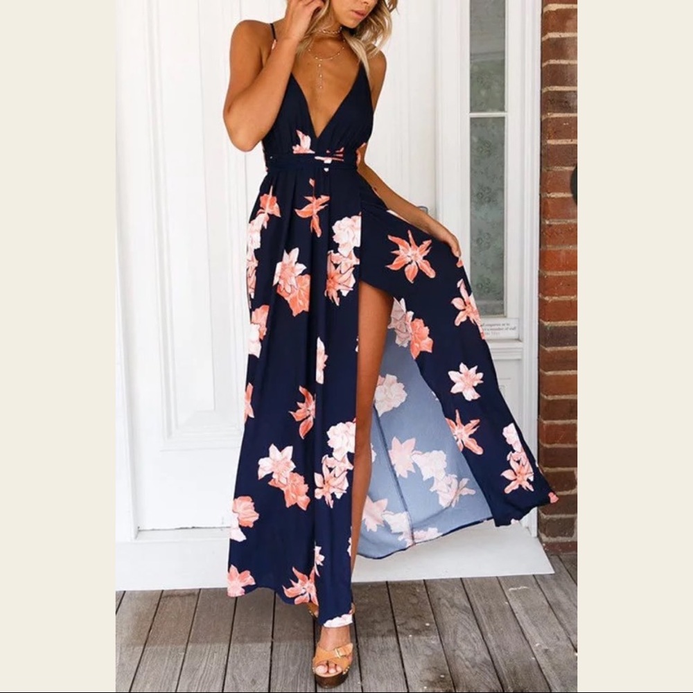 Floral Deep V Backless Dress